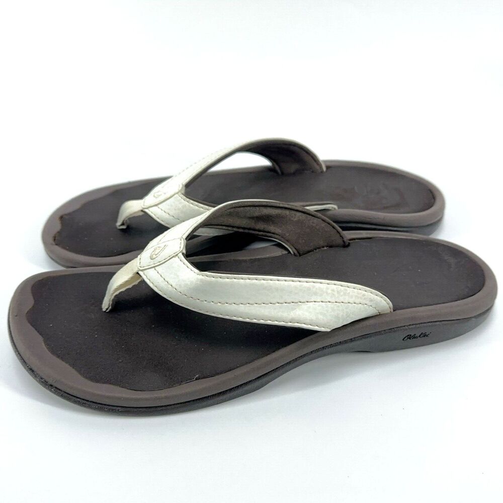 Womens Olukai Ohana Off White Brown Beach Flip Flops Thong Sandals US 8 EU 38